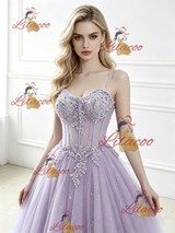 Purple Tulle Spaghetti Straps Appliques Prom Dress