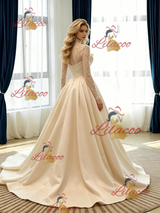 Champagne Satin Long Sleeve Pleats Lace Wedidng Dress