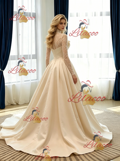 Champagne Satin Long Sleeve Pleats Lace Wedidng Dress
