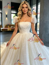 White Sequins Puff Sleeve Wedding Dress