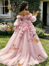 Pink Tulle Off the Shoulder 3D Flower Quinceanera Dress