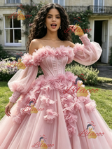 Pink Tulle Off the Shoulder 3D Flower Quinceanera Dress