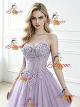 Purple Tulle Spaghetti Straps Appliques Prom Dress
