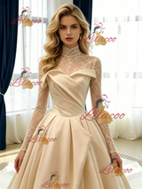 Champagne Satin Long Sleeve Pleats Lace Wedidng Dress