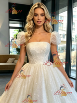 White Sequins Puff Sleeve Wedding Dress