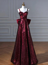 Burgundy Sequins Straps Bow Prom Dress
