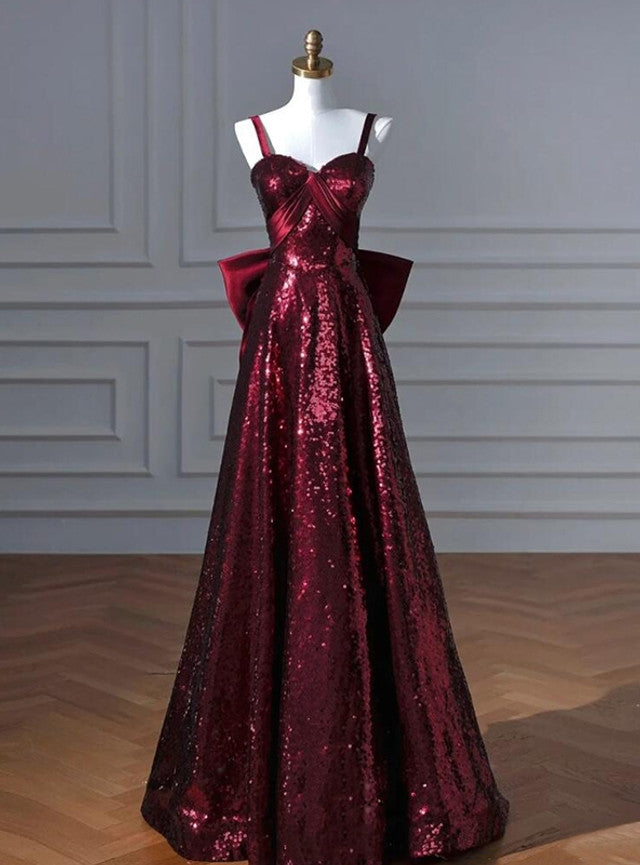 Burgundy Sequins Straps Bow Prom Dress