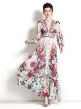 Long Sleeve Retro V-neck Lantern Sleeve Printed Dress