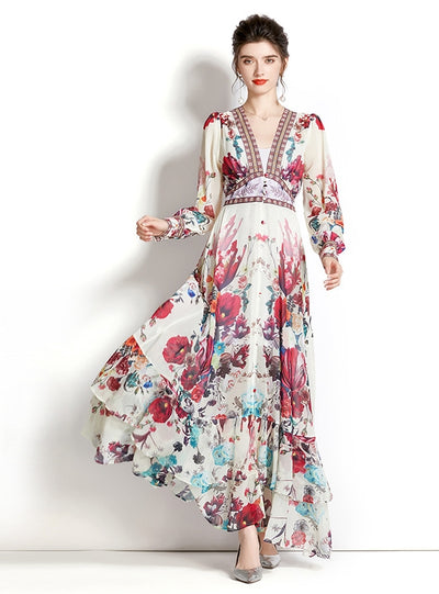 Long Sleeve Retro V-neck Lantern Sleeve Printed Dress