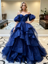 Blue Tulle Puff Sleeve Prom Dress