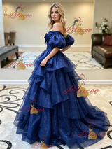 Blue Tulle Puff Sleeve Prom Dress