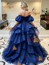 Blue Tulle Puff Sleeve Prom Dress