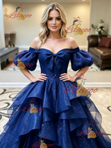 Blue Tulle Puff Sleeve Prom Dress