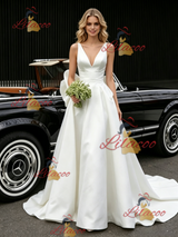 White Satin V-neck Wedding Dress