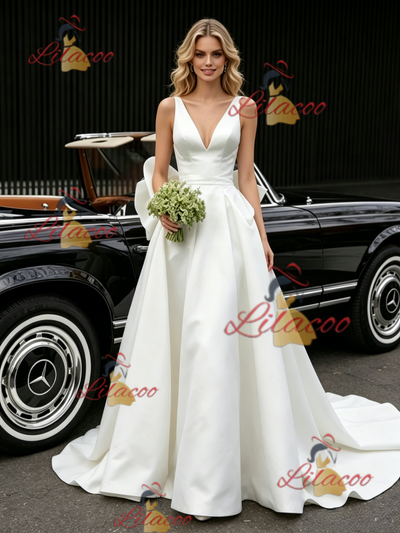 White Satin V-neck Wedding Dress