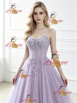 Purple Tulle Spaghetti Straps Appliques Prom Dress
