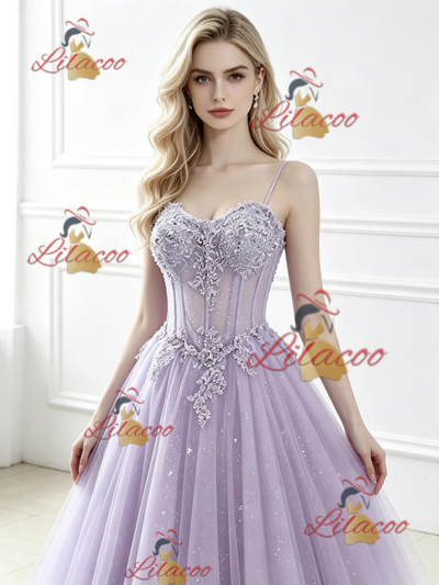 Purple Tulle Spaghetti Straps Appliques Prom Dress