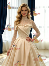 Champagne Satin Long Sleeve Pleats Lace Wedidng Dress