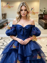 Blue Tulle Puff Sleeve Prom Dress