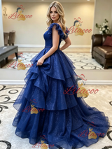 Blue Tulle V-neck Beading Prom Dress