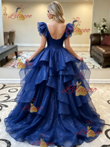 Blue Tulle V-neck Beading Prom Dress