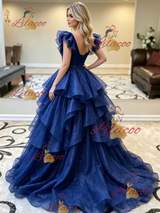 Blue Tulle V-neck Beading Prom Dress