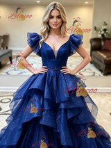 Blue Tulle V-neck Beading Prom Dress