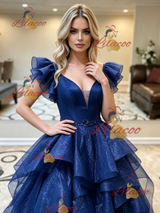 Blue Tulle V-neck Beading Prom Dress