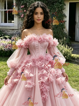 Pink Tulle Off the Shoulder 3D Flower Quinceanera Dress