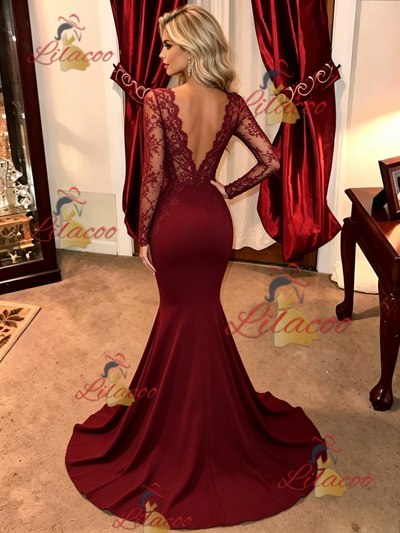 Burgundy Mermaid Long Sleeve Prom Dress