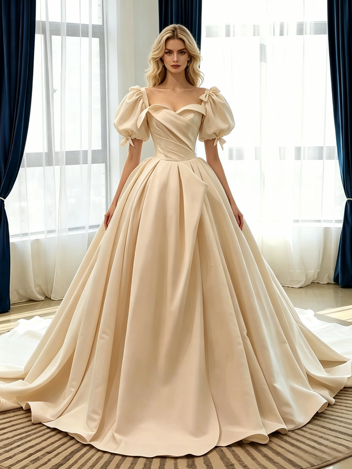 Champagne Satin Puff Sleeve Pleats Wedding Dress
