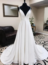 White Deep V-neck Backless Lace Wedding Dress