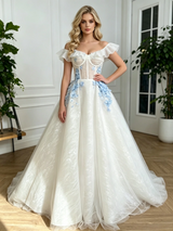 White Tulle Lace Off the Shoulder Prom Dress