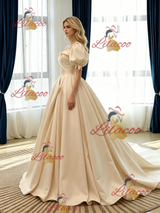 Champagne Satin Puff Sleeve Pleats Wedding Dress