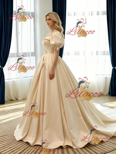 Champagne Satin Puff Sleeve Pleats Wedding Dress