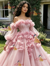 Pink Tulle Off the Shoulder 3D Flower Quinceanera Dress