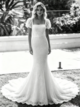 White Mermaid Lace Puff Sleeve Wedding Dress
