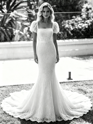White Mermaid Lace Puff Sleeve Wedding Dress