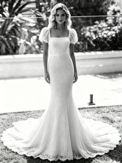 White Mermaid Lace Puff Sleeve Wedding Dress