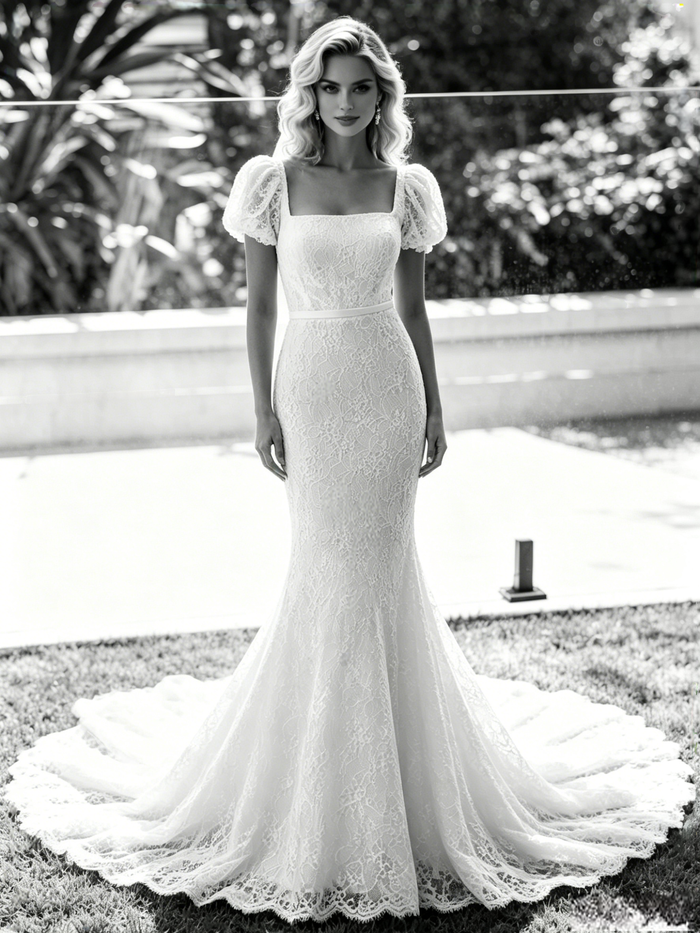 White Mermaid Lace Puff Sleeve Wedding Dress