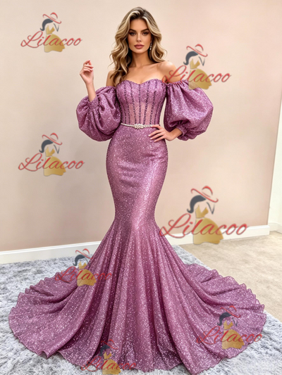 Purple Mermaid Sequins Puff Sleeve Prom Dress
