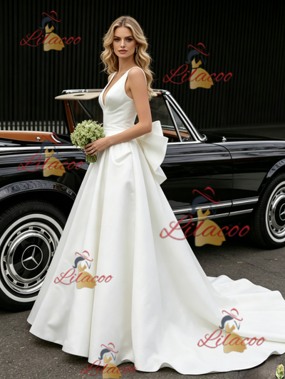 White Satin V-neck Wedding Dress