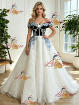 White Tulle Off the Shoulder Appliques Prom Dress