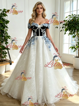 White Tulle Off the Shoulder Appliques Prom Dress