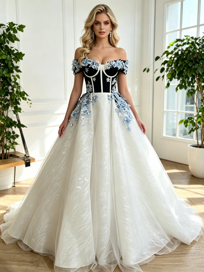 White Tulle Off the Shoulder Appliques Prom Dress