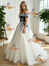 White Tulle Off the Shoulder Appliques Prom Dress