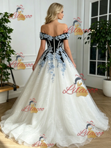 White Tulle Off the Shoulder Appliques Prom Dress