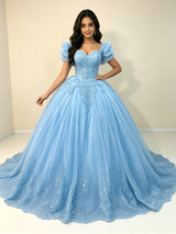 Blue Tulle Short Sleeve Appliques Quinceanera Dress