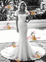 White Mermaid Lace Puff Sleeve Wedding Dress