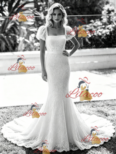 White Mermaid Lace Puff Sleeve Wedding Dress